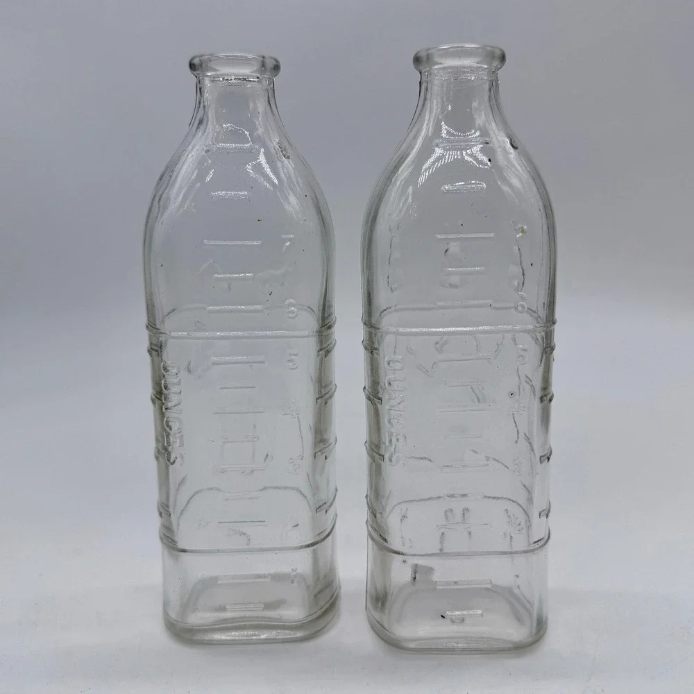 Vintage Embossed Glass‎ Milk Bottle Dog and Rabbit Scene Set of 2